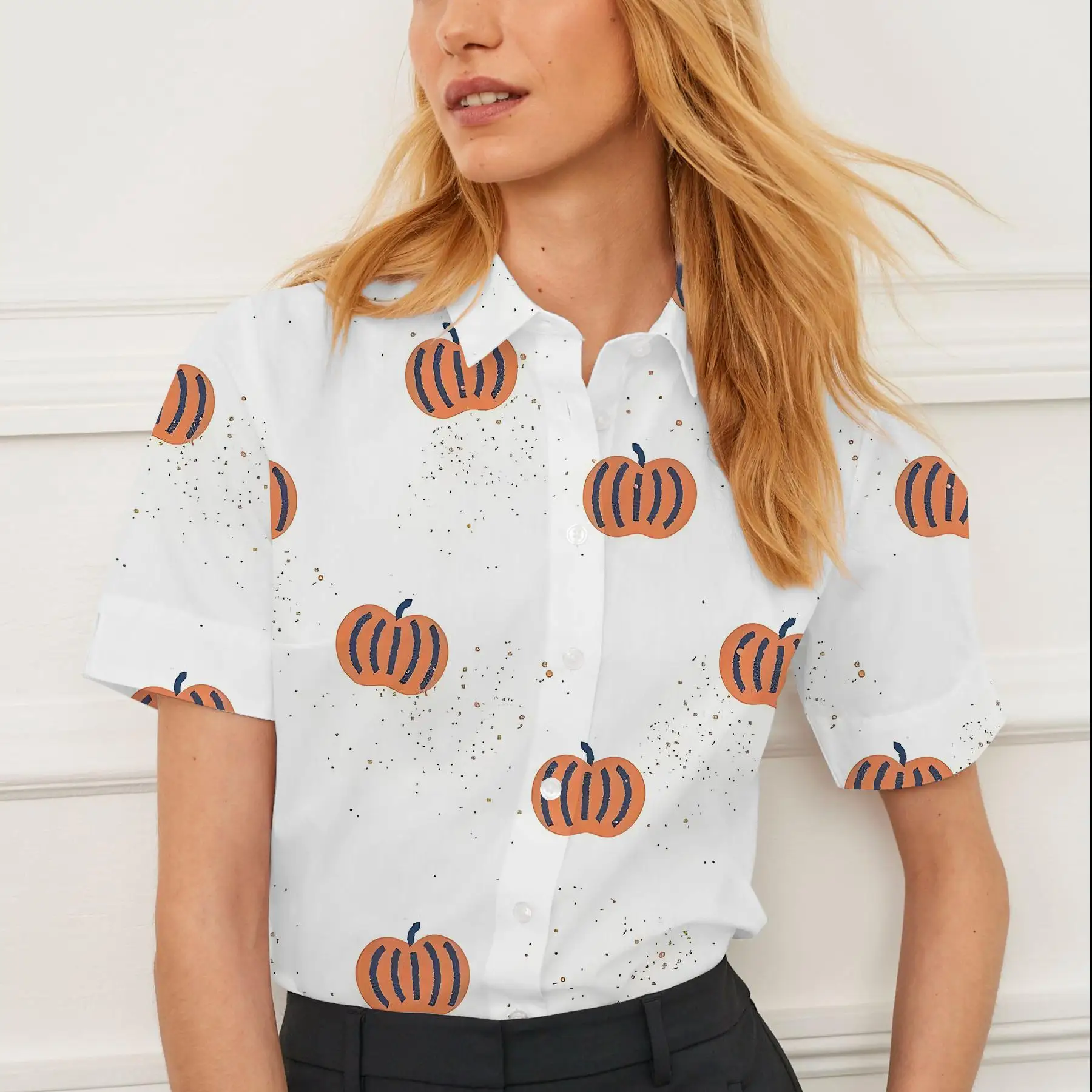 Summer women's shirt casual short sleeve lapel Christmas pumpkin pattern print women's top personality fashion women's clothing