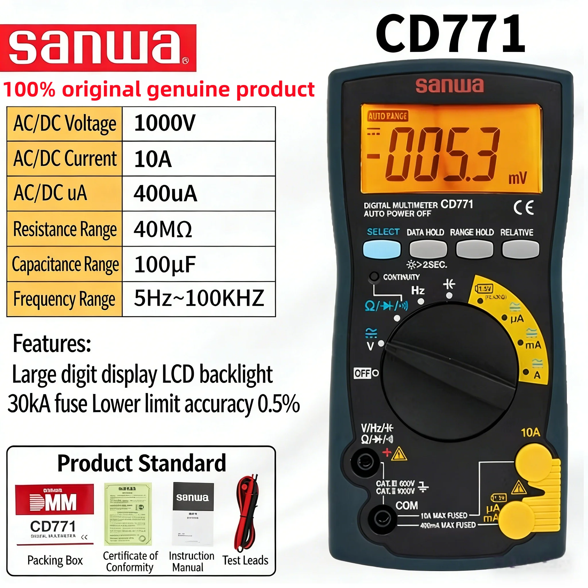 Japan sanwa CD771 Compact Digital Multimeter;Backlight & Cont.buzzer with LED