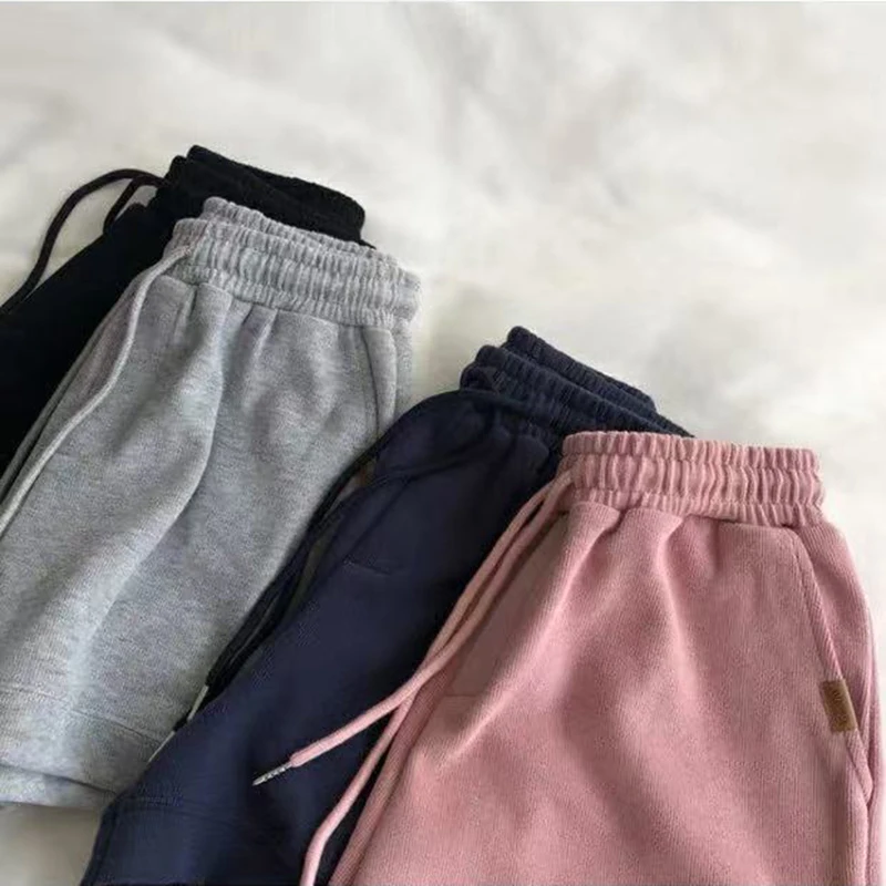 여름 루즈핏 와이드 레그 반바지 여성 하이웨이스트 드로스트링 캐주얼 조거 반바지 Y2K 한국 심플 올매치 스포츠 반바지