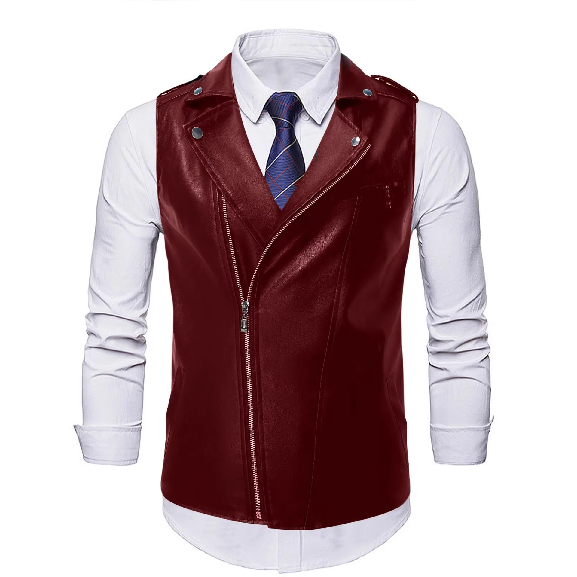 Mens PU Leather Vest Motorcycle Oblique Zipper Designer Vinatge Steampunk Turn Down Collar Sleeves Jackets for Men Waistcoat