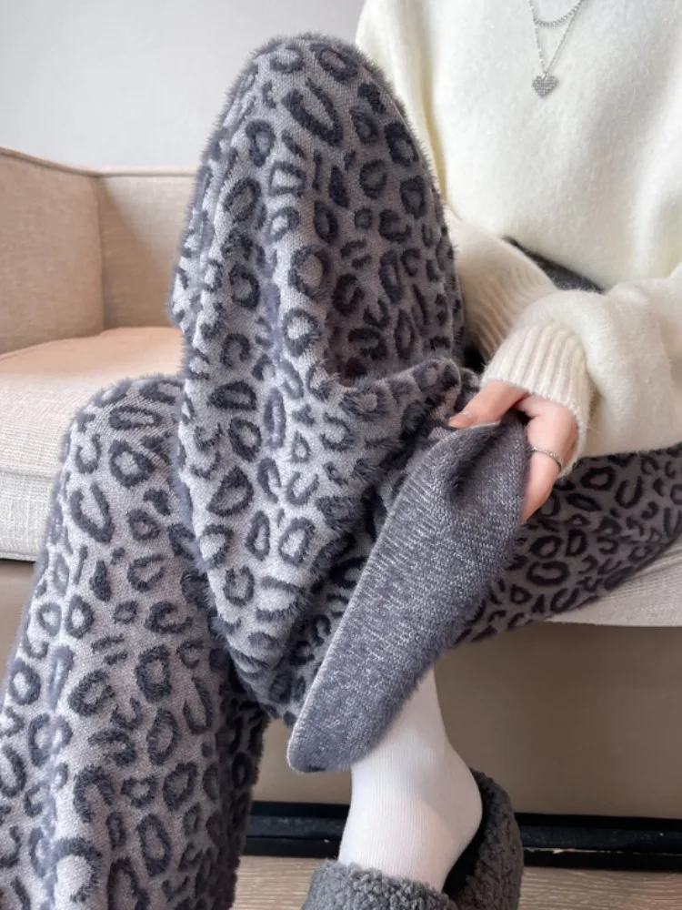 티엔드 레오파드 프린트 팬츠 여성용 가을 겨울 레트로 하이웨이스트 캐주얼 스트레이트 아메리칸 밍크 와이드 팬츠