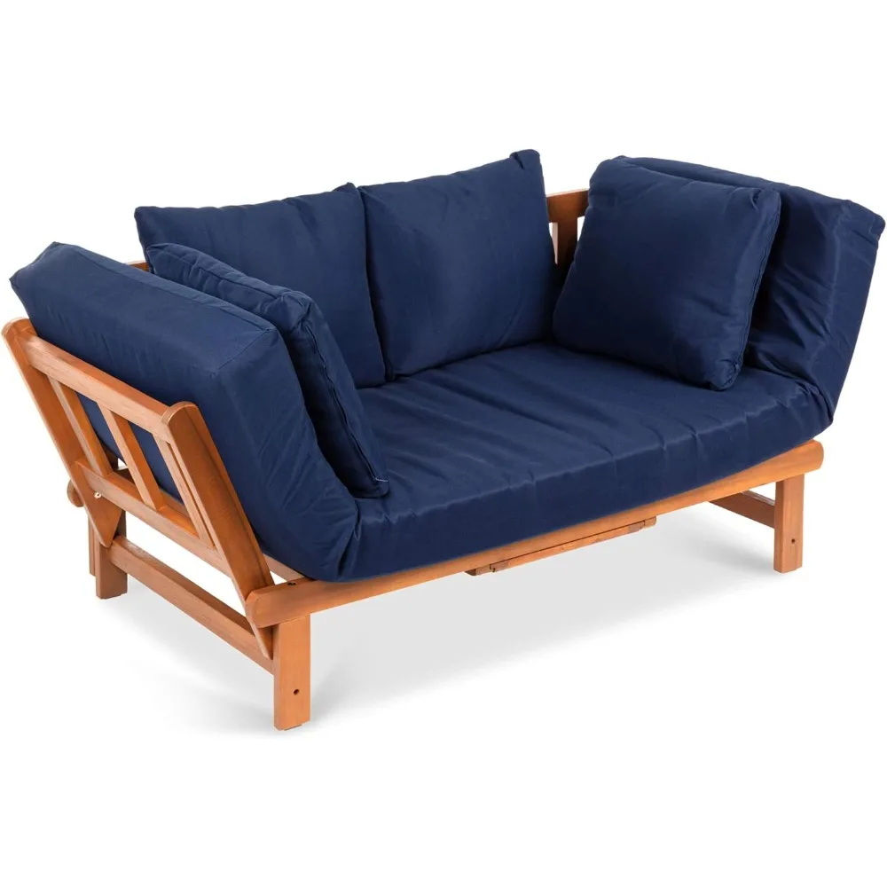 Outdoor Convertible Acacia Wood Futon Sofa Furniture for Patio, Balcony, Poolside, Backyard W/Pullout Tray- Navy Blue