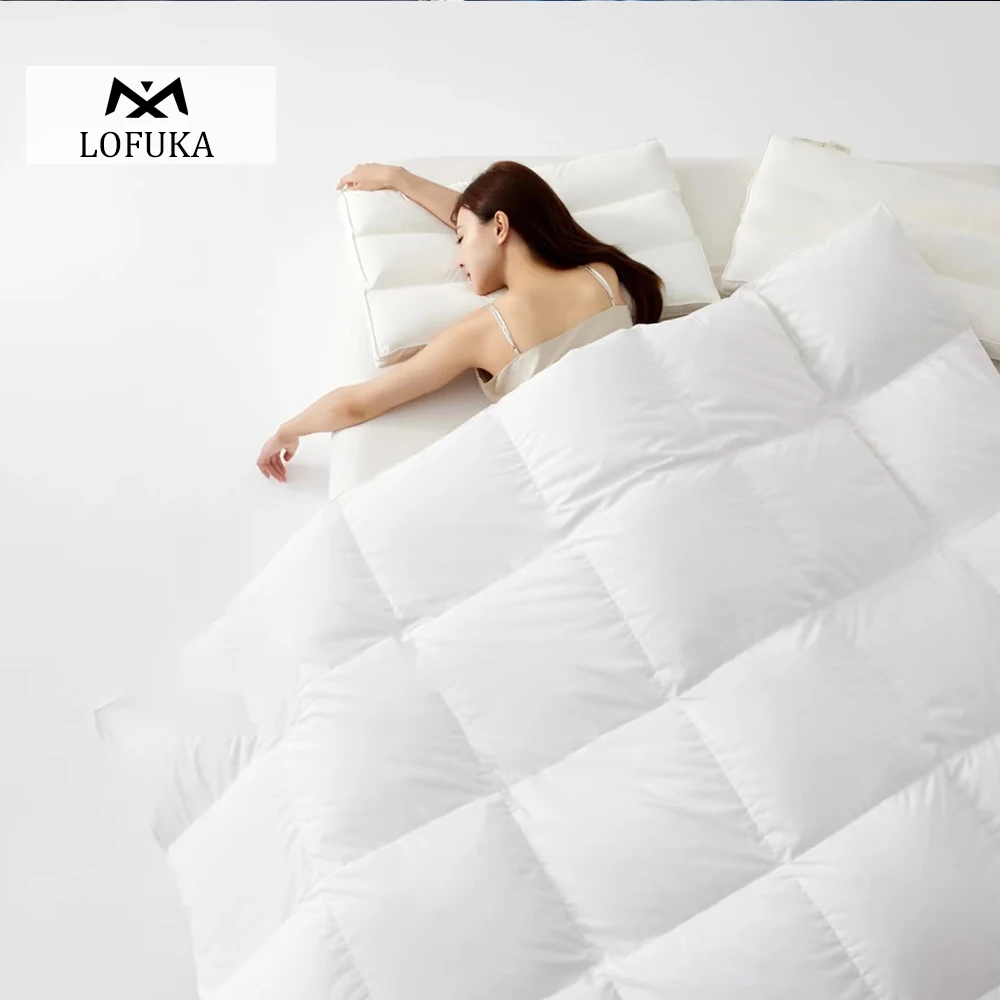 Lofuka Women Winter 100% Goose Down Comforter Filler Quilt Duvet White Cotton Cover Double Queen King All Season Sleep Blanket