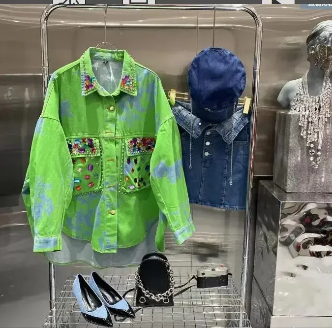 

Уличная розовая джинсовая рубашка с принтом тай-дай, женская весенняя новая блузка с цветочным принтом и бисером и бриллиантами, топ, кардиган, женская верхняя одежда, куртка