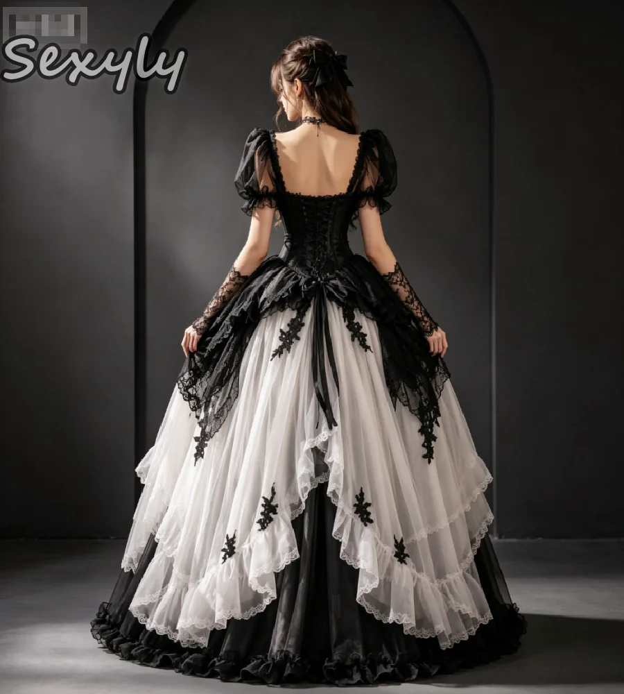 Vintage Gothic Black White Wedding Dress 2026 Puff Sleeve Ball Gown Corset Lace Tiered Tulle Lolita Bridal Gown Medieval Cosplay