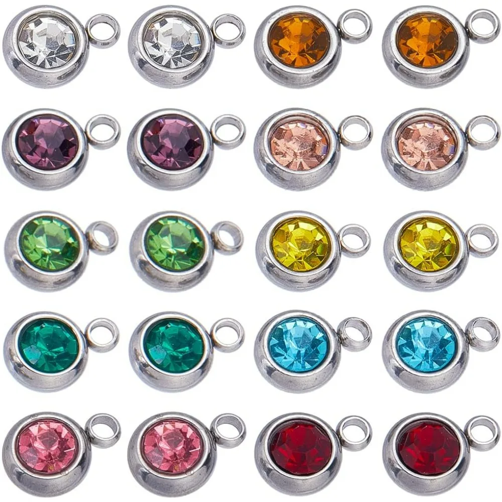 1 Box 40Pcs 10 Colors Stainless Steel Rhinestone Charms Bulk Crystal Charm Round Beads Mini Small Birthstone Charms making kit