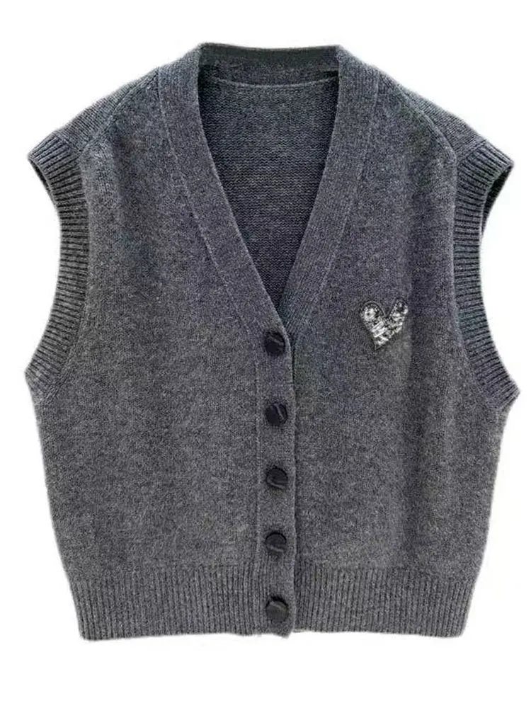 

Удобный вязаный женский жилет с v-образным вырезом на одной пуговице, многослойный дизайн, топ в форме сердца с бриллиантами, мягкий уютный модный топ