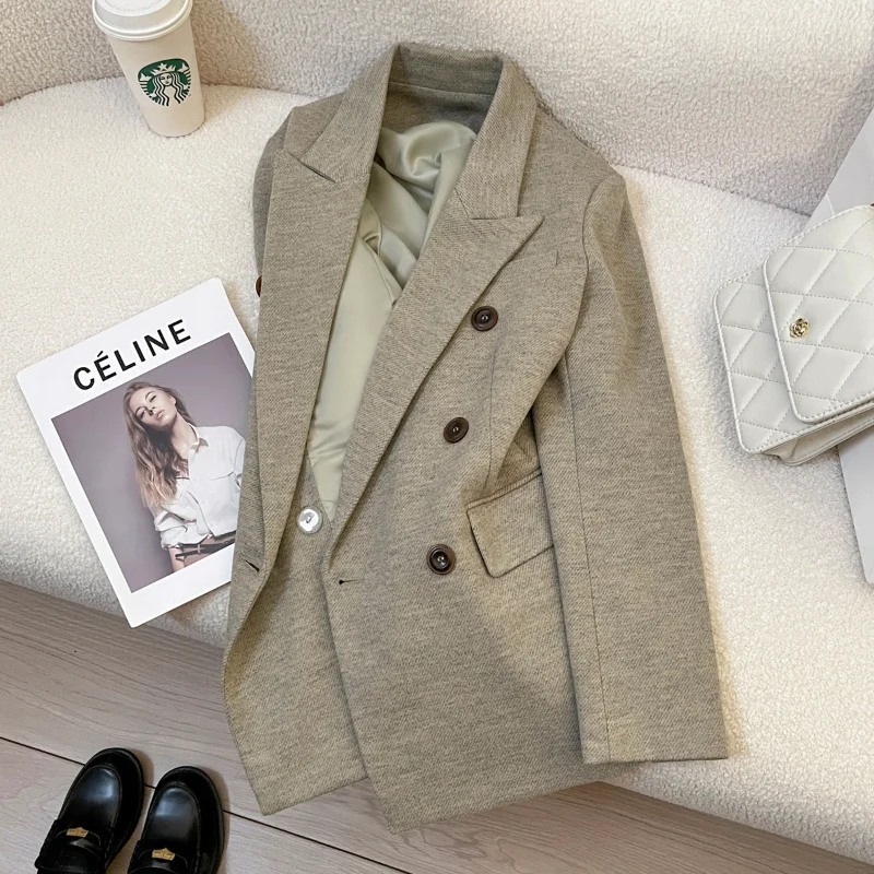 

New Autumn Winter Green Woolen Suit Jacket for Women Vintage Wine Long Sleeve Commuting Office Lady Casual Loose Jacket