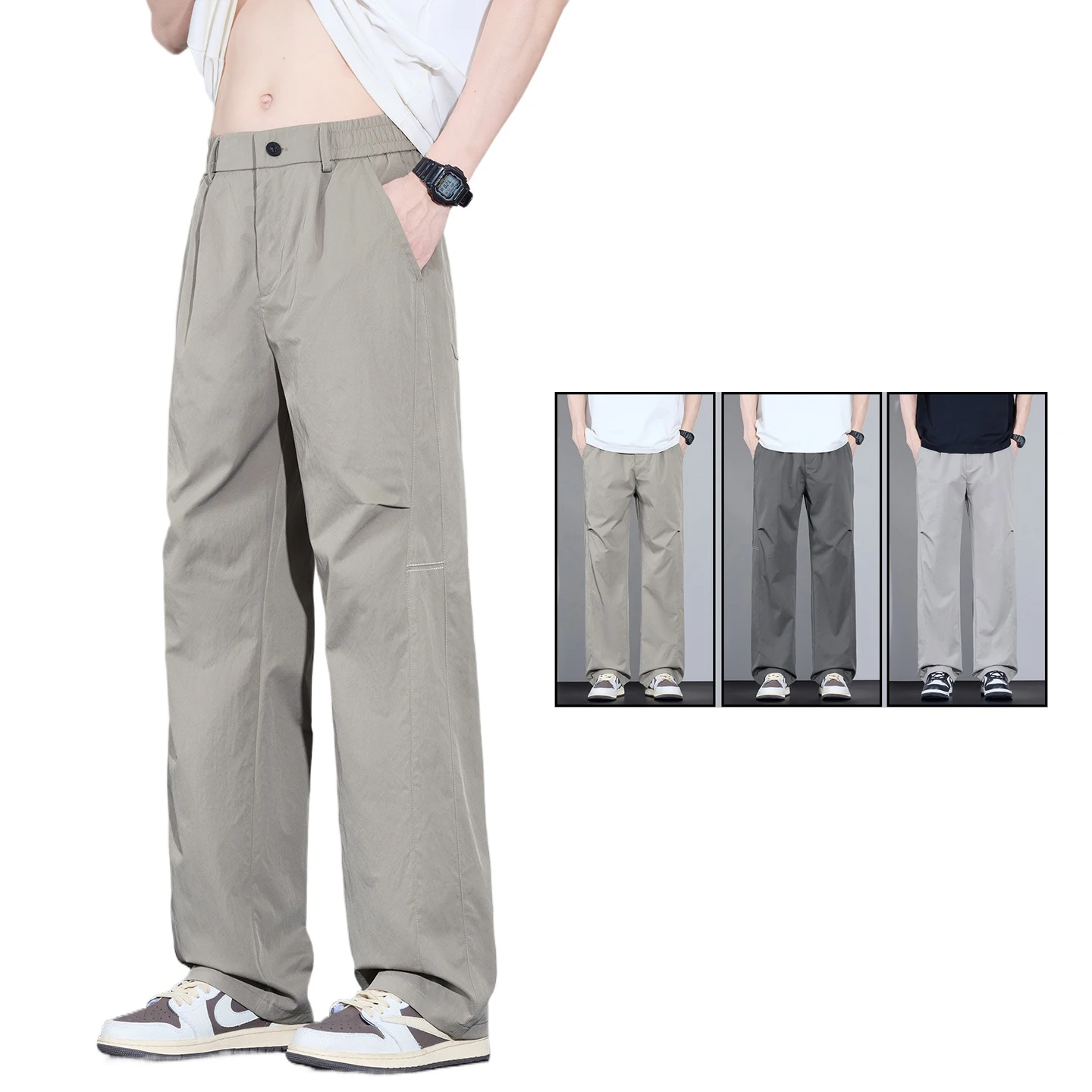 

Мужские летние тонкие повседневные брюки 2026 года: высококачественные, с эластичным поясом, однотонные, прямого кроя, светло-серые, для работы и активного отдыха