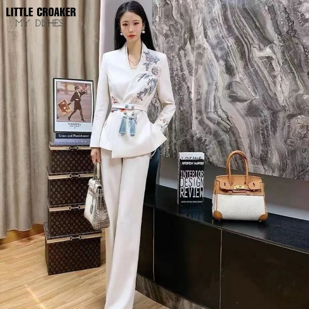 Chinese Style White Blazer for Women Design Solid Medium Long Coat Office Female Overcoat Spring Autumn Blazers Ladies