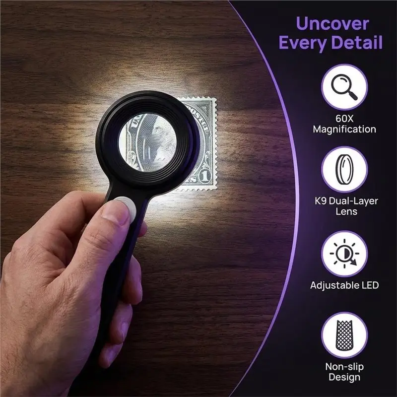 BHBD-60X Handheld Rechargeable Loupe Magnifier, Double-Layer Optical Lens Glass With Adjustable UV And LED Light Functionality B