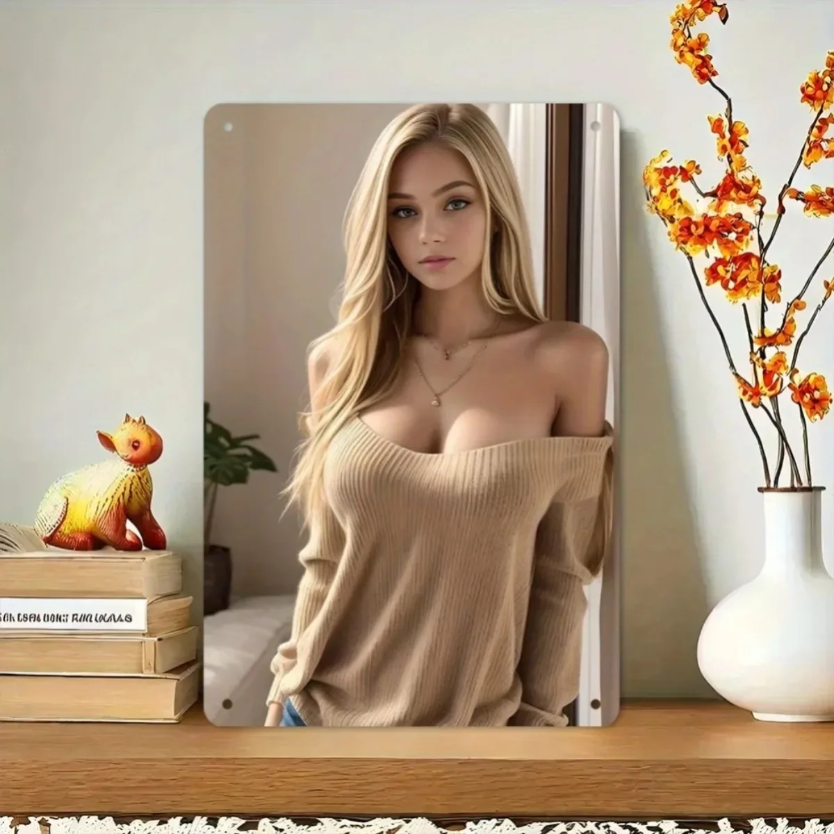 2026 Elegant Blonde Pearl Knit Top Metal Wall Art 8x12 Inch 2D Flat Decor for Home Bar Cafe