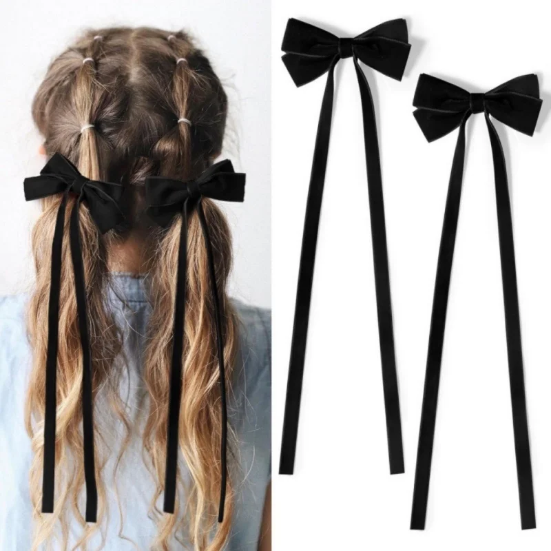 2 Stück Samt-Haarspangen mit Schleife und langen Bändern, modischer Haarschmuck in Rot und Schwarz, niedliche, elegante, vielseitige Haarschleifen für Mädchen – Detail 6