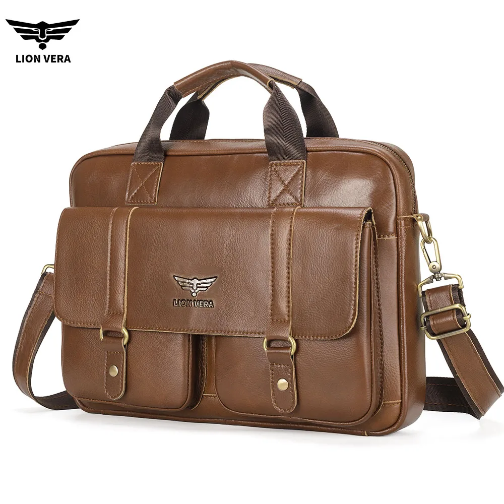 LION VERA Bolsa masculina de couro genuíno, bolsa de negócios casual para viagens, bolsa portátil de ombro transversal, bolsa para laptop de 15,7 polegadas