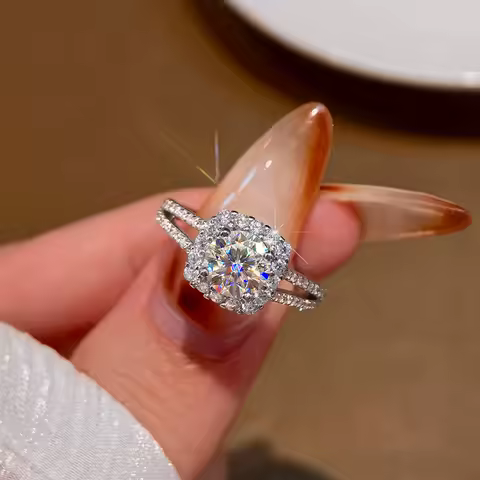 KNB 1CT Round Moissanite Diamond Hollow Square Luxury Ring for Women Real 925 Sterling Silver Wedding High Quality Fine Jewelry