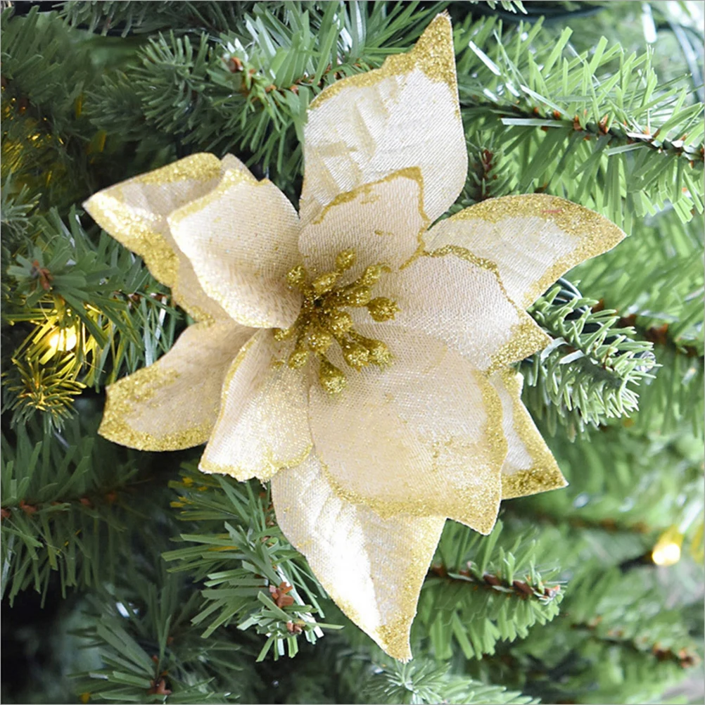 

24Pcs Christmas Flower Decoration Artificial Glitter Gold Powder Flowers for Tree Wreath Table Decor Holiday Ornaments