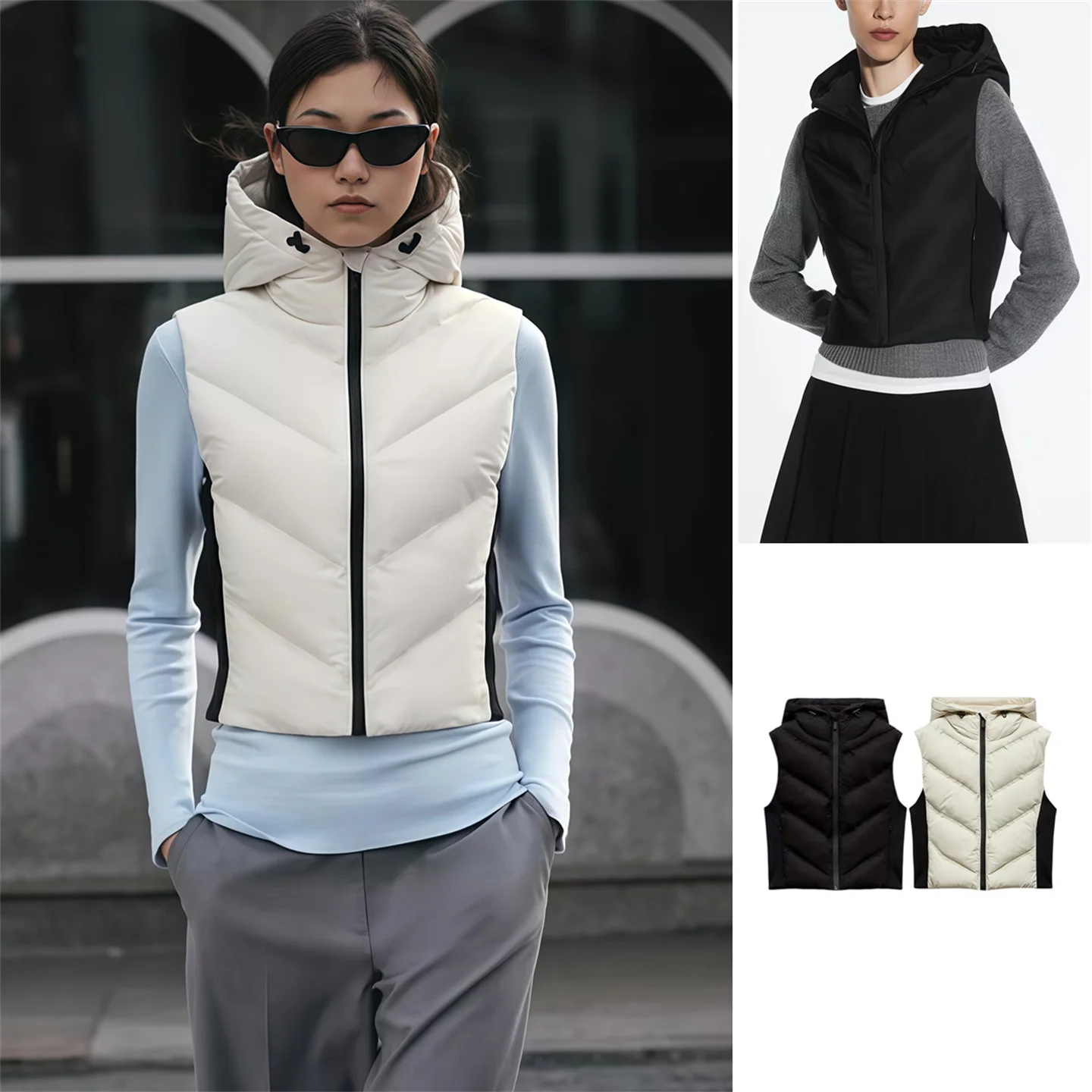 Fashionable Patchwork Cotton Vest Women's Clothing Sleeveless Hooded Jacket Standard Fit Outerwear Zipper Closure Medium Warmth