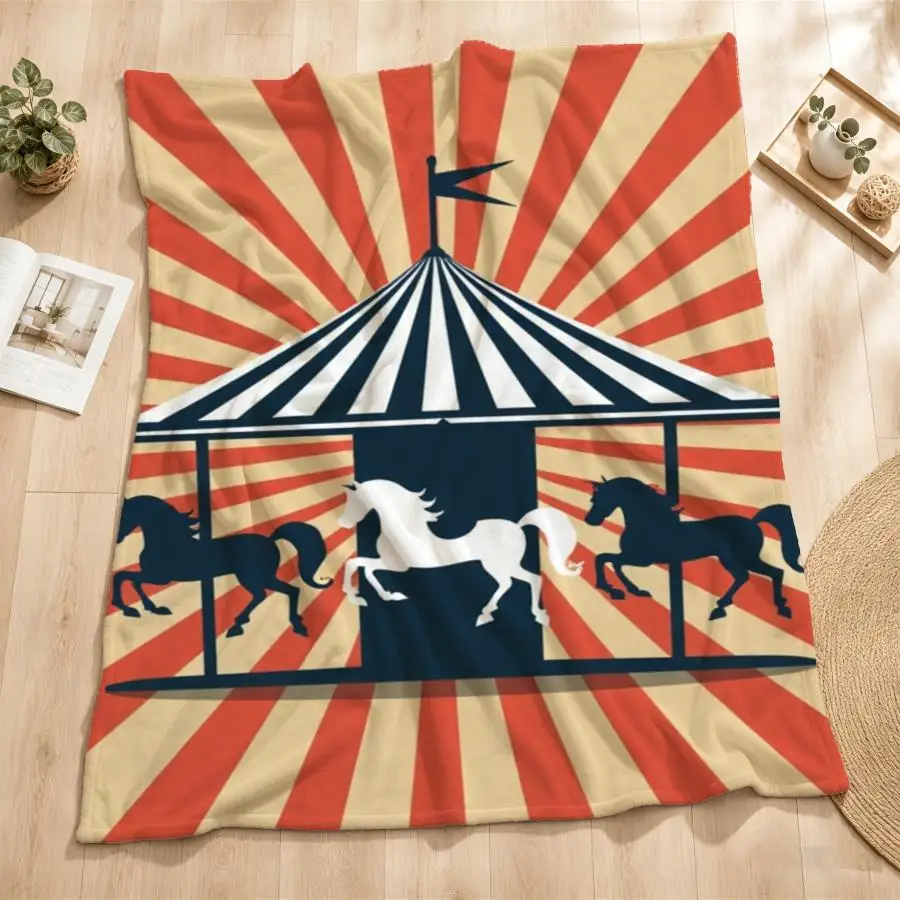 Retro Carousel Horse Throw Blanket - Soft Flannel Weighted Bedspread Suitable for Couch, Bed, & Travel, Machine Washable Vintage Horse with Galloping Horses, Cozy Gift for &, - Warmth, 2D Flat