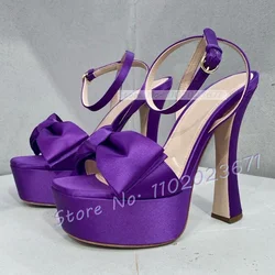 Sandali in raso con plateau Bowknot donna tacchi alti viola eleganti scarpe estive sandali da sera per feste dolci da ragazza