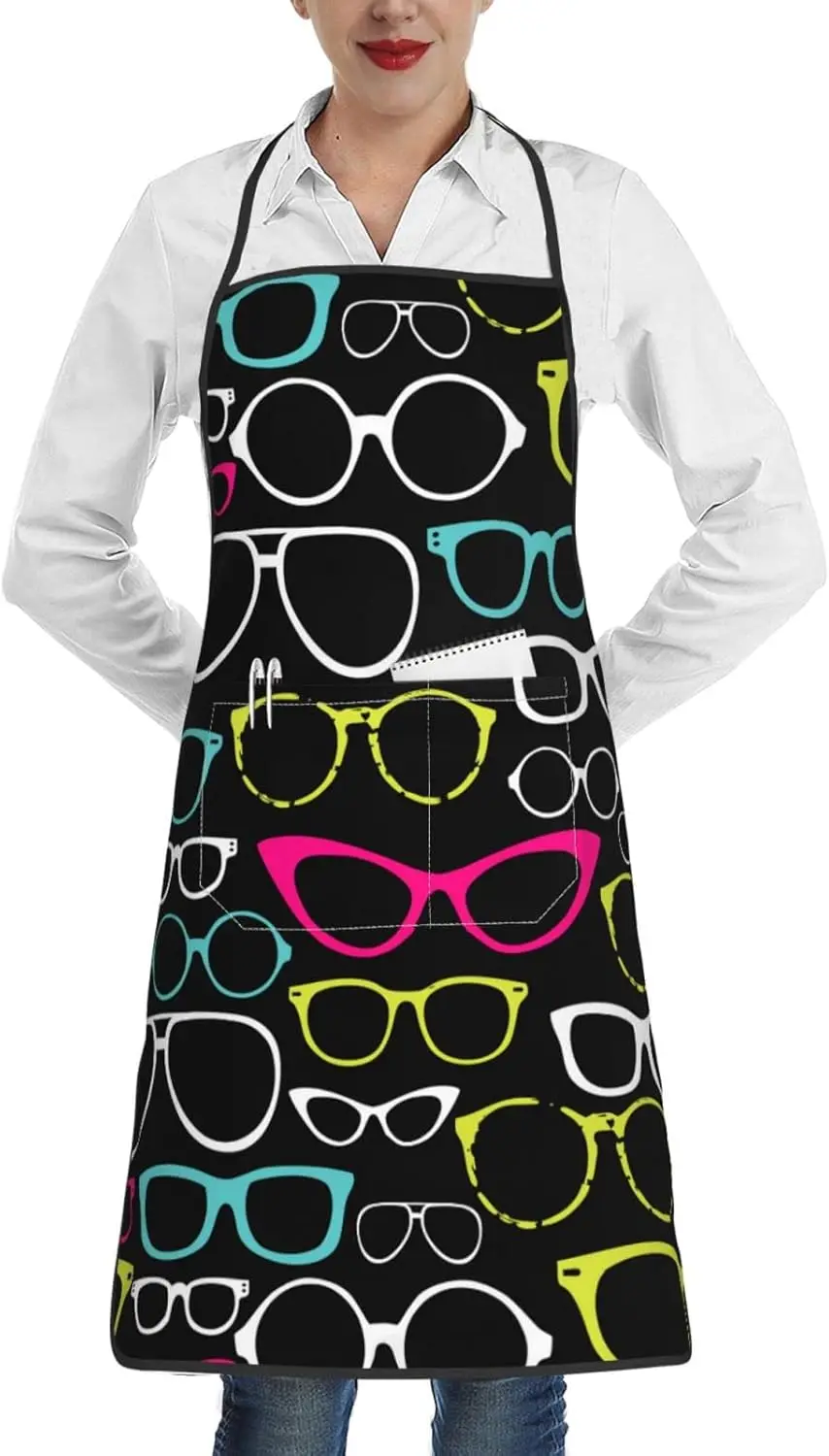 Retro Eyeglasses Black Apron for Women Men Teen with Pockets Aprons for Cooking Chef Kitchen BBQ Haircut