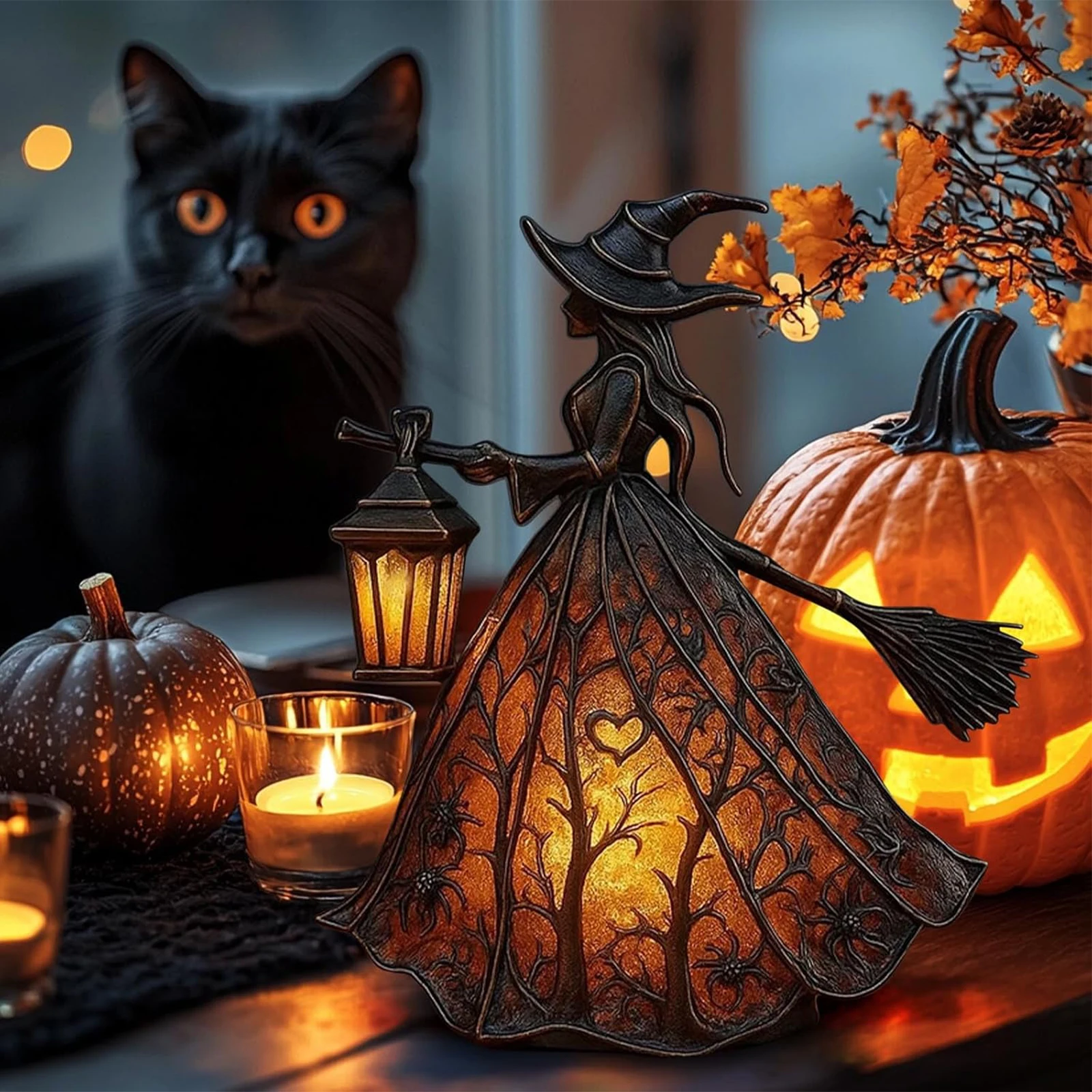 Resin Halloween Witch LED Lights Battery/USB Charging Handcrafted Stained Glass Witch Lamps for Bedroom Living Room Bookshelf