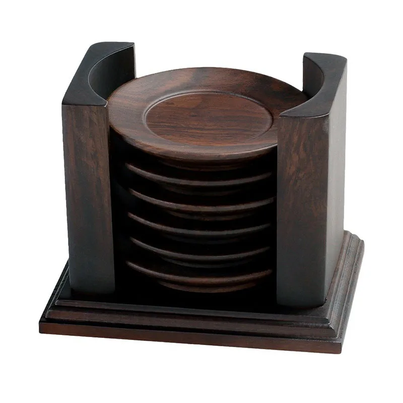 Ebony Wood Cup Coasters Set, Black Sandalwood Solid Wooden Tea Plate Mat with Holder, Heat  Insulation Anti Slip Table Decor