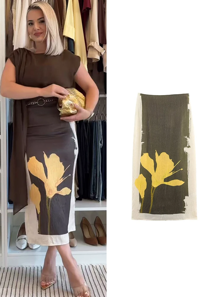 

Women Floral Print Long Skirts High Waist Straight Slimming Crease Design Midi Skirt Autumn New Fashion Women's Vintage Skirt