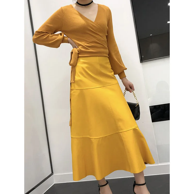 2024 Factory  New Arrival Women   Long Genuine Sheepskin Leather  Skirt