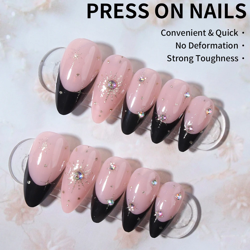 24個入り ロングアーモンド グリッター ラインストーンデザイン ブラックフレンチチップ つけ爪 ロングフィット 完璧にフィットするアクリル製フェイクネイルセット、conta