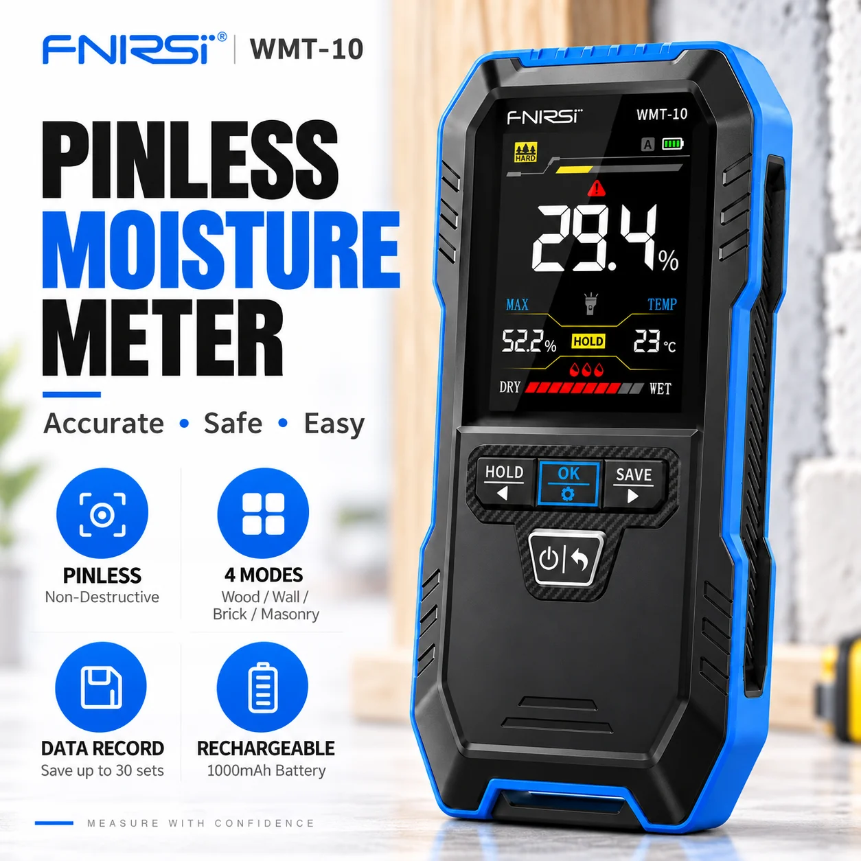 FNIRSI WMT-10 Pinless Wood Moisture Meter, Rechargeable Wall/Lumber Humidity Detector with Data Record & Hold, Flashlight