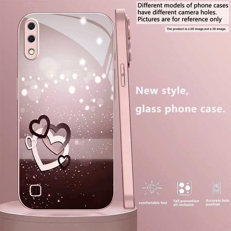 Romantic Bokeh Heart Pink Metallic Glass Phone Case For Samsung A01/A02/A03 Core/A04/A04e/A05/A05s/A07/A70/A71/A72/73 Back Cover