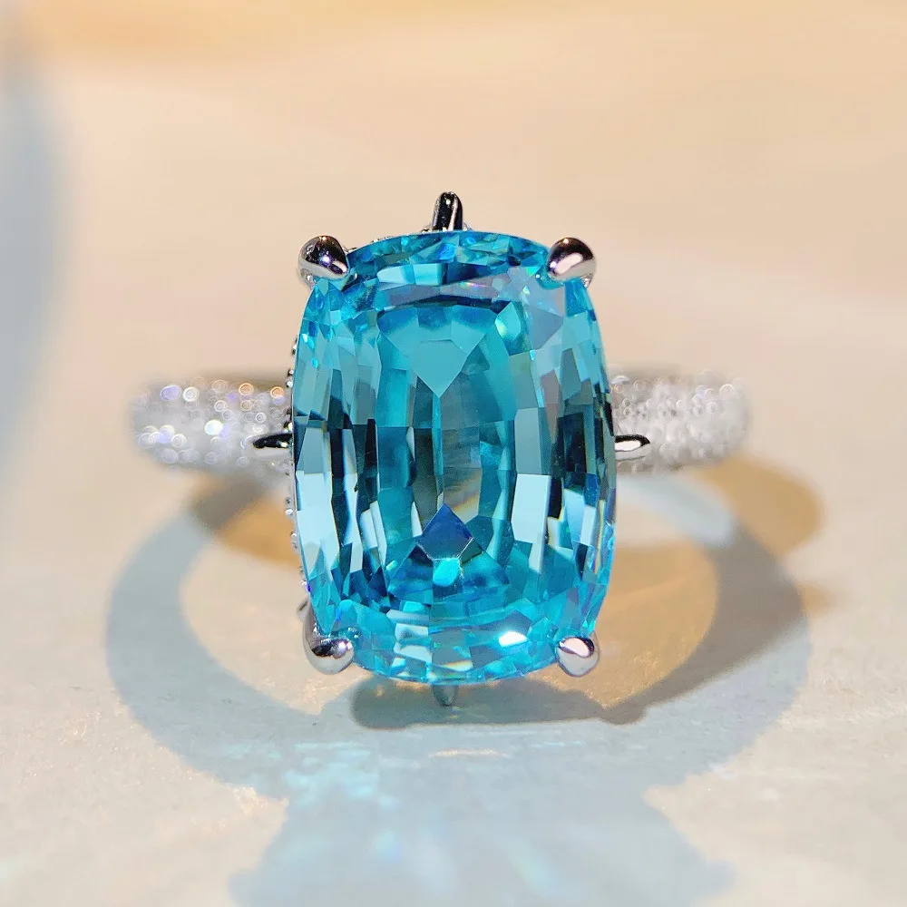 

Luxury white gold solid platinum PT950 Aquamarine Moissanite Ring Women's 10 karat Ring
