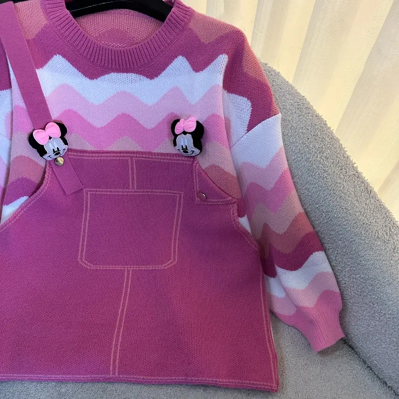 2025 خريف جديد وهمية قطعتين حزام س الرقبة محبوك سترة السيدات فضفاضة عادية الشباب الحلو Y2k البلوز معطف تريكو