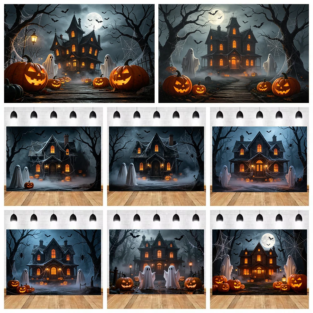 Halloween Haunted House Photography Backdrop Full Moon Fog Ghost Bat Spider Web Pumpkin Halloween Holiday Party Photo Background