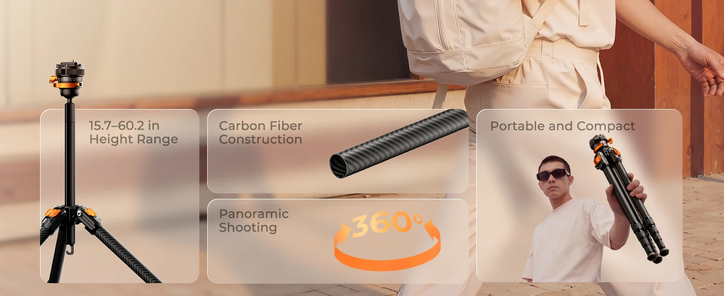 K&F CONCEPT 60 Zoll Carbon Stativ für Kamera DSLR Flexible Mittelachse 13.2lb Belastung Leichtes Reisestativ für Fotografie – Detail 2