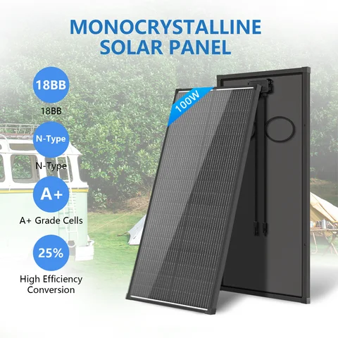 100 Watt 12V Black N-Type A+ Mono Solar Panel 18BB 25.6% Conversion Efficiency IP68 Waterproof for Marine RV Farm Roof Off Grid Power