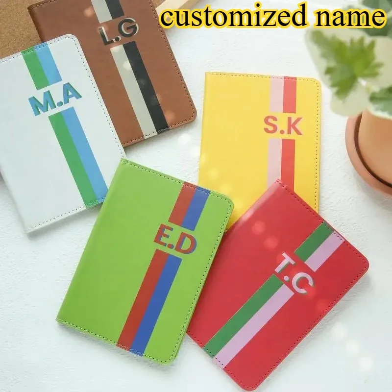 

Custom Initals Classical Stripe Passport Holder Bright Monogram with Stripes Faux Leather Passport Cover Travel Accessories