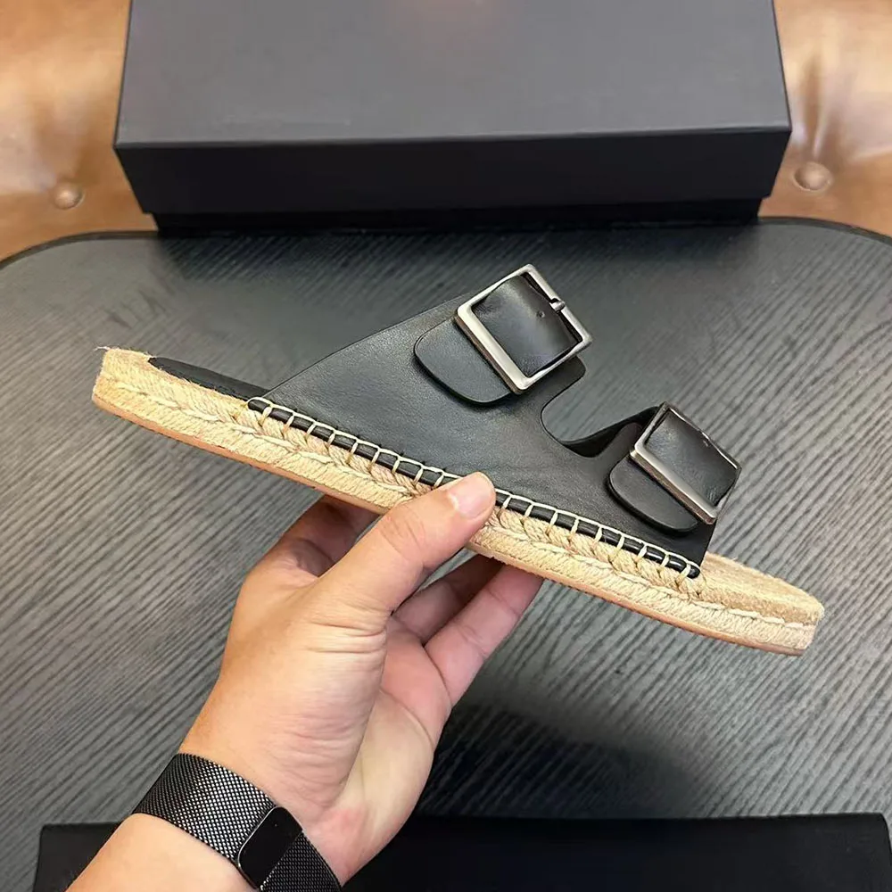 2026 Top Quality Men Double Buckle Flat Espadrille Slides Leather Adjustable Strap Casual Sandals Non Slip Straw Sole Slippers