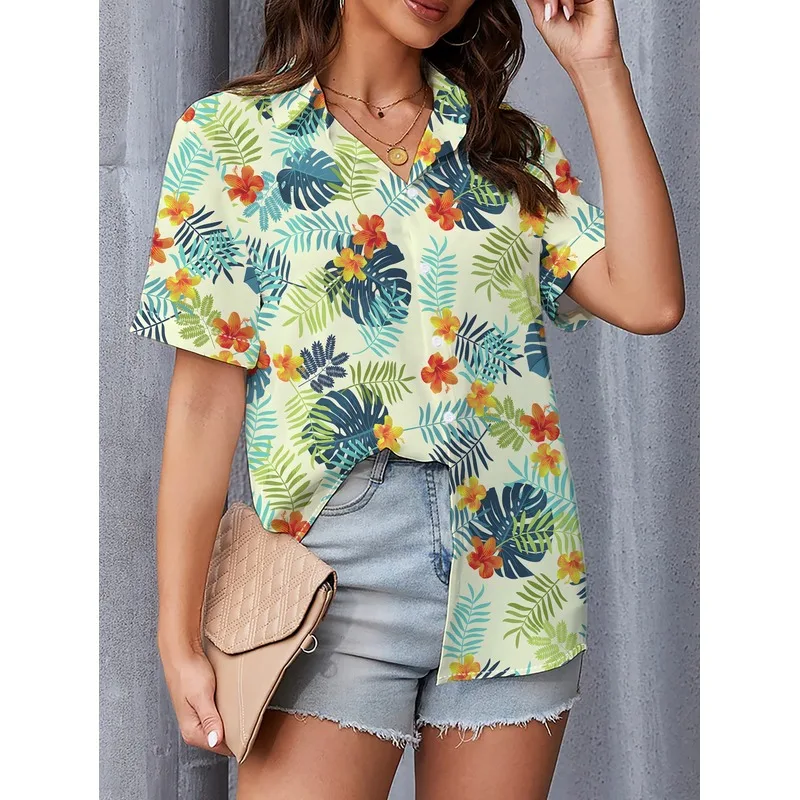Tropical Hibiscus Short-Sleeve Shirt, Hawaiian Vacation Style Loose Cardigan Top