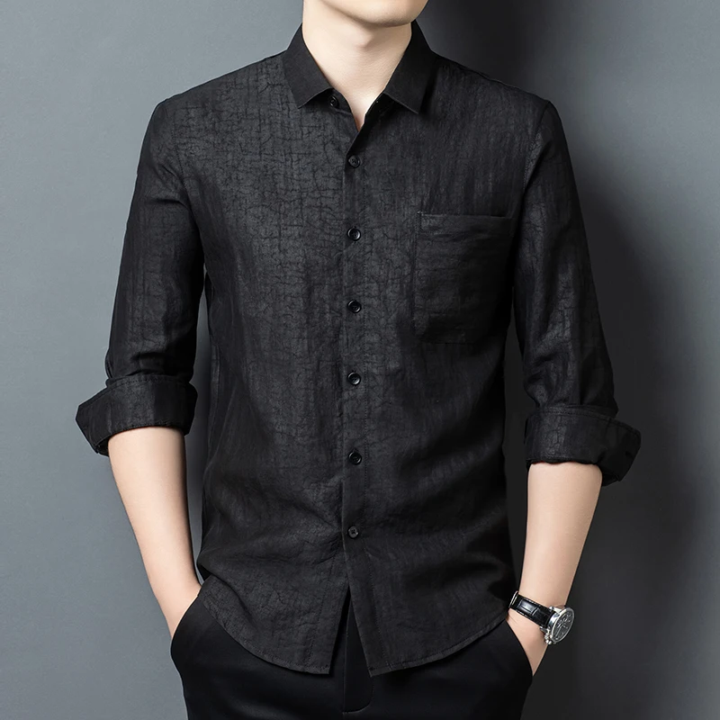 Solid Black Geniune Silk 100% Shirts For Men Long Sleeve Premium Summer Quality Skin-Friendly Lightweigh Satin Camisas De Hombre