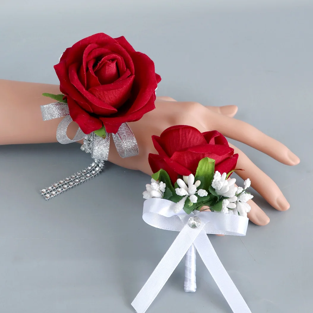 

Yannew 6pcs Artificial Red Rose Corsage Boutonniere Set Crystal Band for Bridesmaid Wedding Party Men Prom Suit Flower Accessory