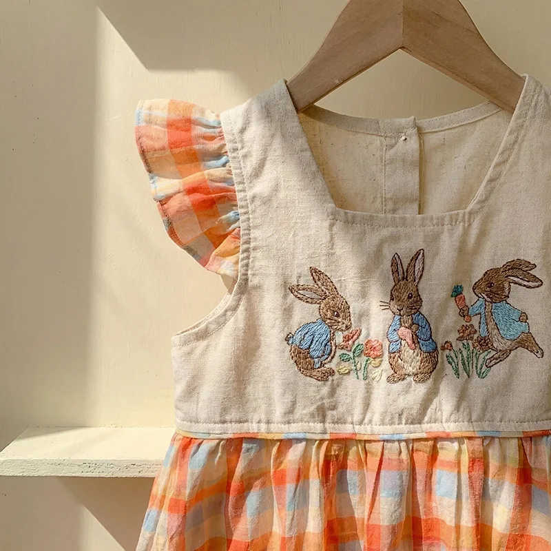 French Children's Clothing Rabbit Embroidery Girls' Dress 2026 Summer Style Checkered Children's Outer Dress Treasure Skirt