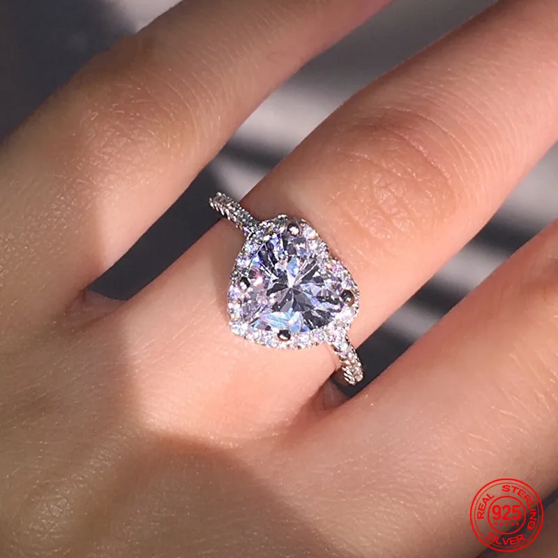 

925 Sterling Silver Heart Inlaid Cz Rings For Women Fashion Charm Jewelry Party Gift