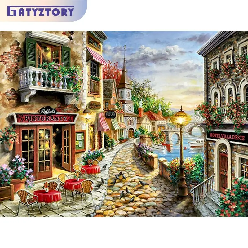 

GATYZTORY Diamond Painting With Frame 5D DIY Full Round Square Mosaic Embroidery Town Landscape Cross Stitch Crafts Unique Gift