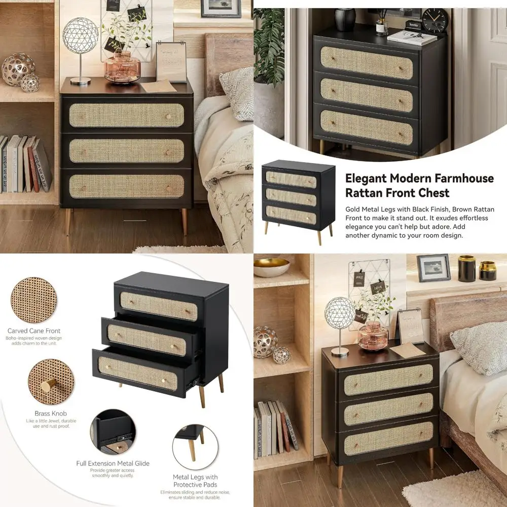 خزانة تخزين خشبية سوداء ذات 3 أدراج للمزرعة الحديثة، طاولة مميزة من الروطان، خزانة على الطراز البوهيمي لغرفة النوم