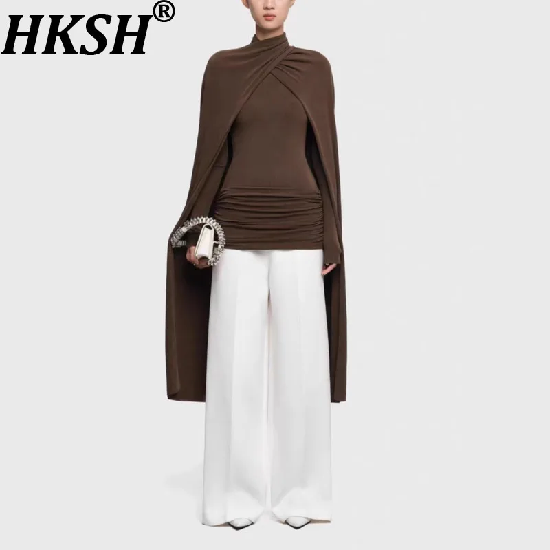 

HKSH Autumn Winter New Women T-shirt Solid Color Shawl High-End Vietnamese Niche Design Ruched Top Casual Wide Leg Pants HK12076