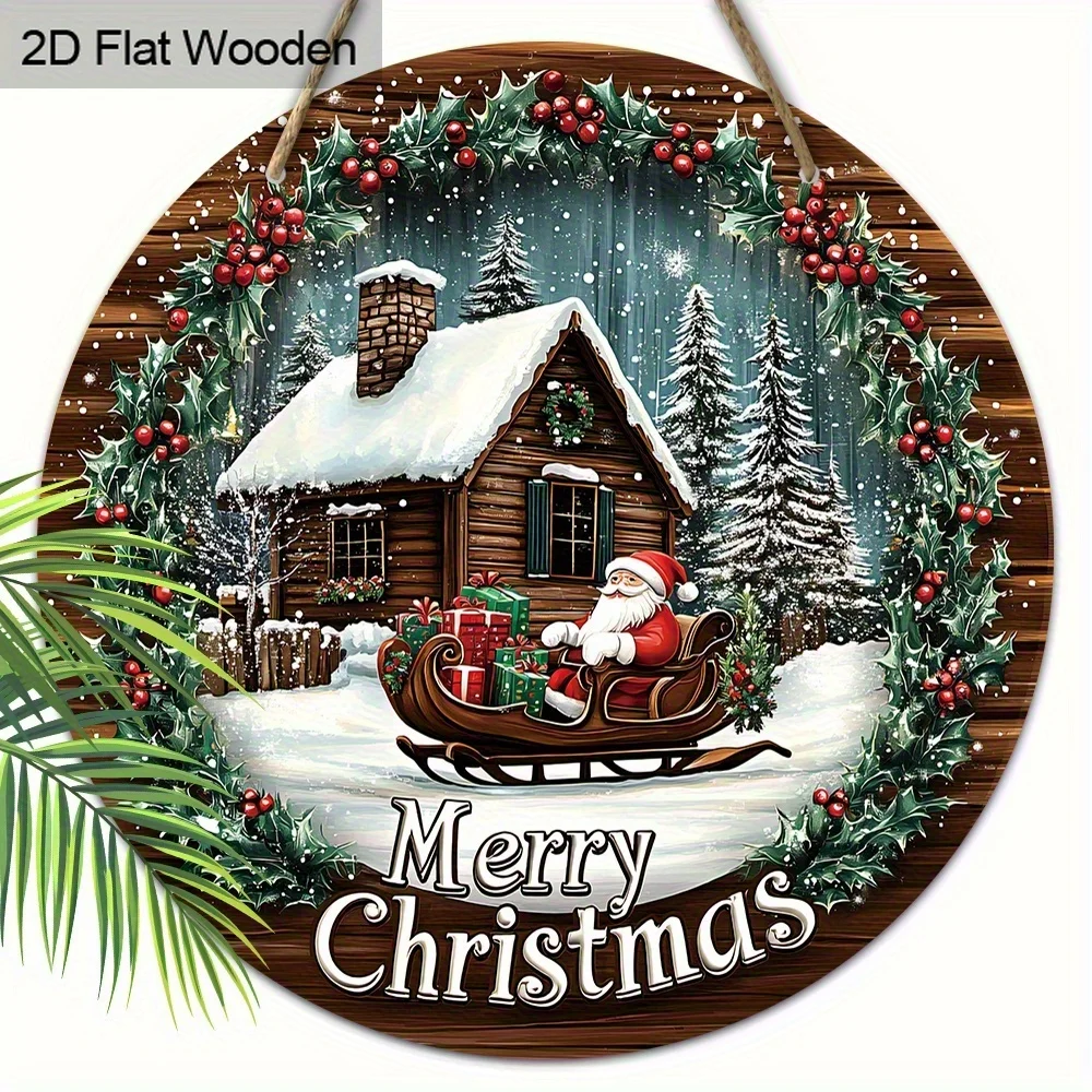 2D Flat, 1pc Merry Christmas Hanging Decoration - Retro Santa Claus Sleigh, Recycled Wood Round Wall Decor with Snowy Cabin, Eve