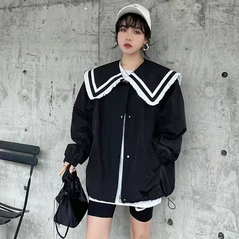 

Women Vintage Big Size Windbreaker New Lapel Long Sleeve Loose Trench Coat Fashion Tide Spring Autumn 2024