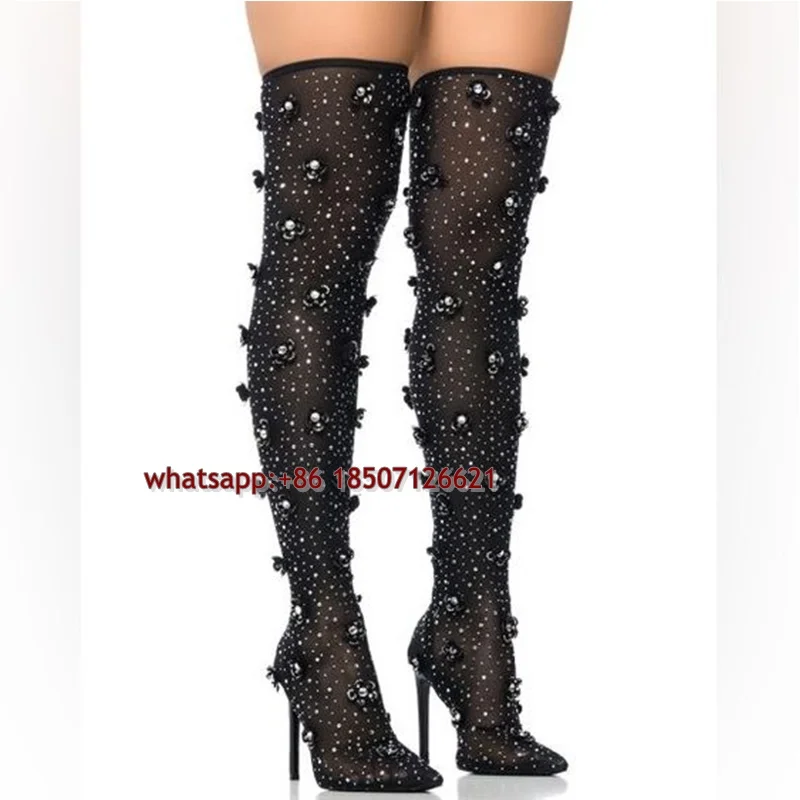 Black Embellished Flower Thigh High Boot Women's Pointed Toe Stiletto Over Knee Boots