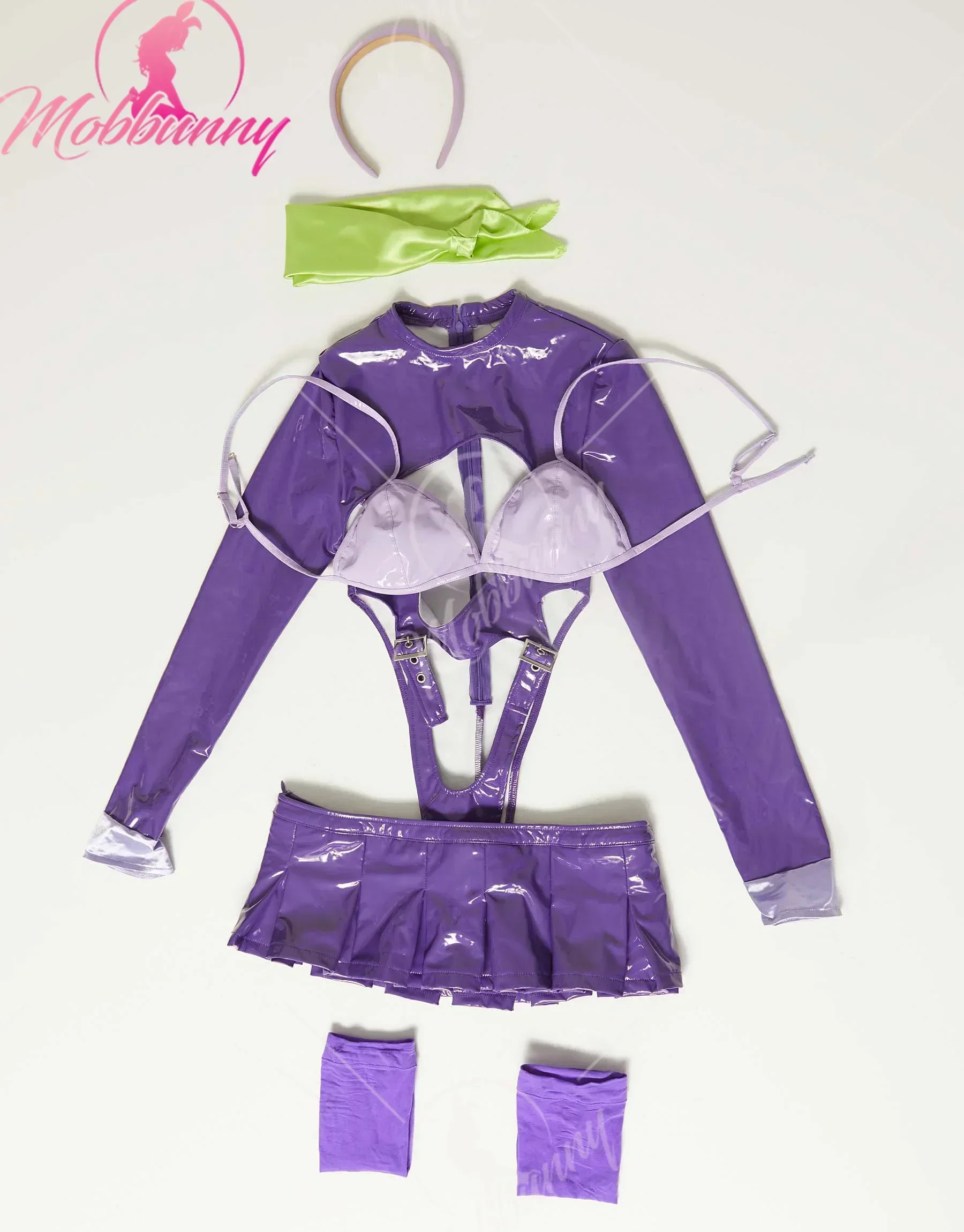 Mobbunny Women Lingerie Outfit Purple Hollow Bodysuit and Long Sleeves Crop Top with Bra Skirt